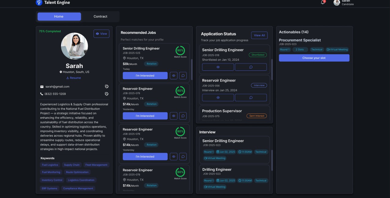 Legacy home: four equal dark panels for profile, jobs, applications and actions