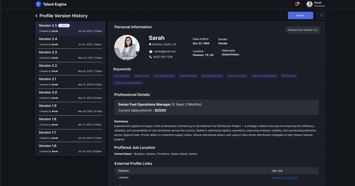 Legacy profile version history listing numbered versions