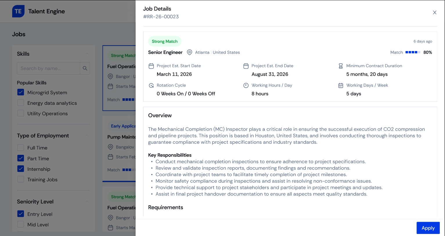 Job details panel with project dates, overview and responsibilities