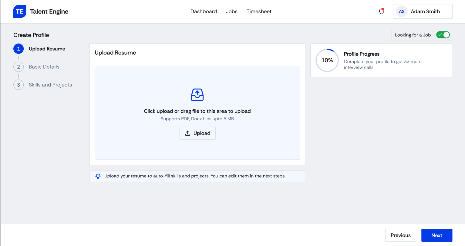 Create Profile, step 1: upload resume