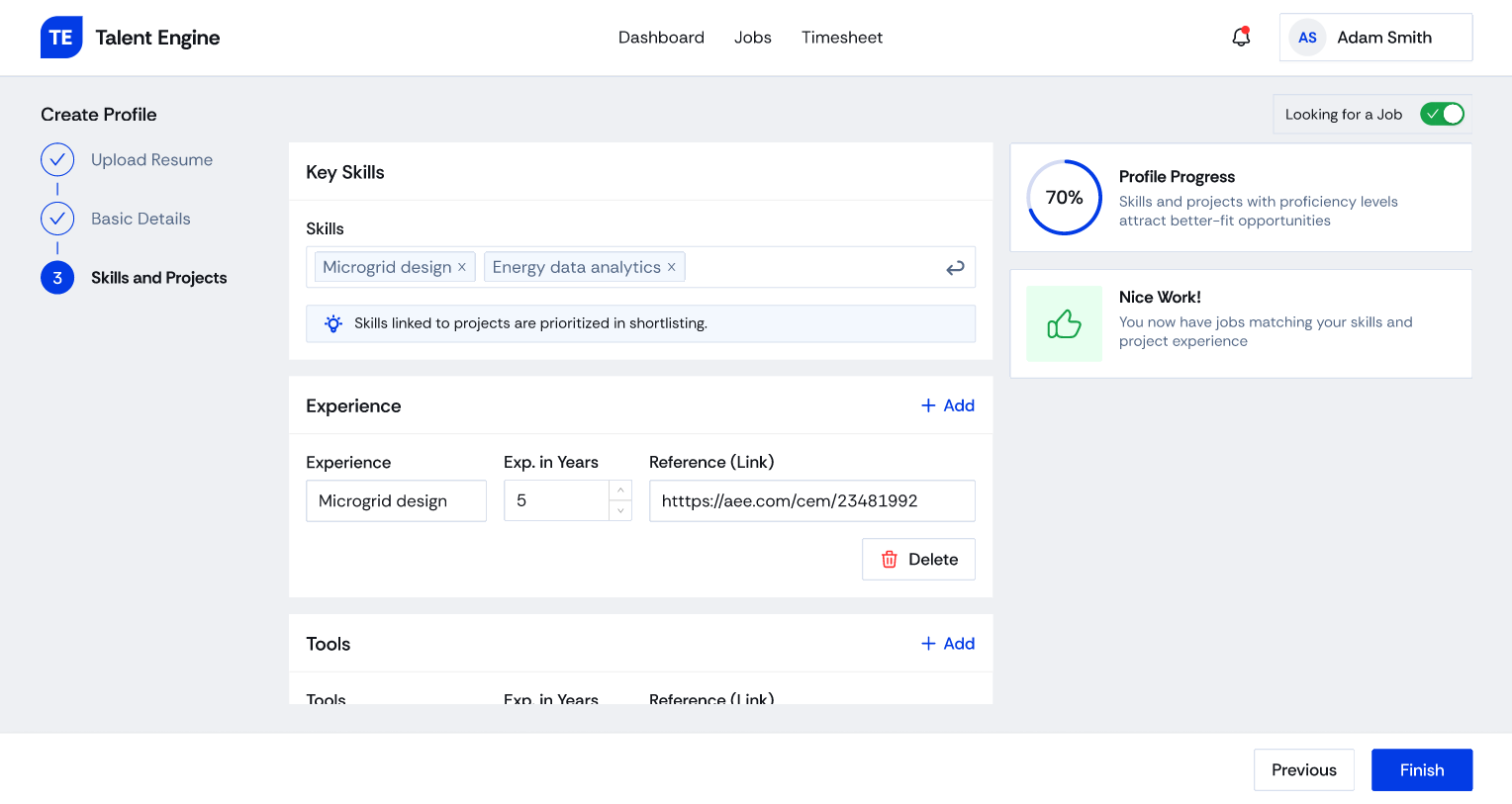 Create Profile, step 3: skills and projects