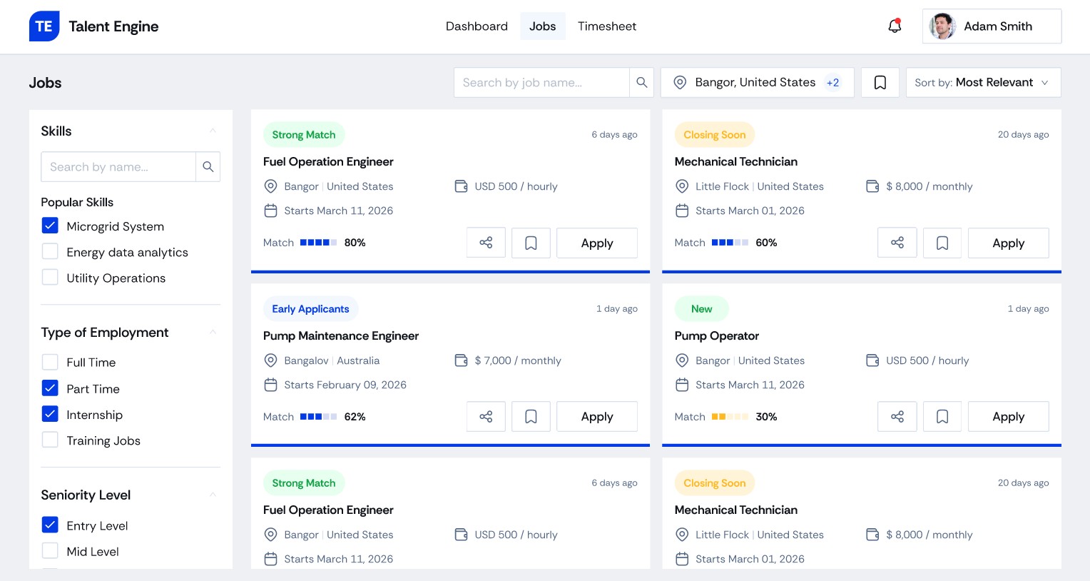 Jobs: faceted search with match scores