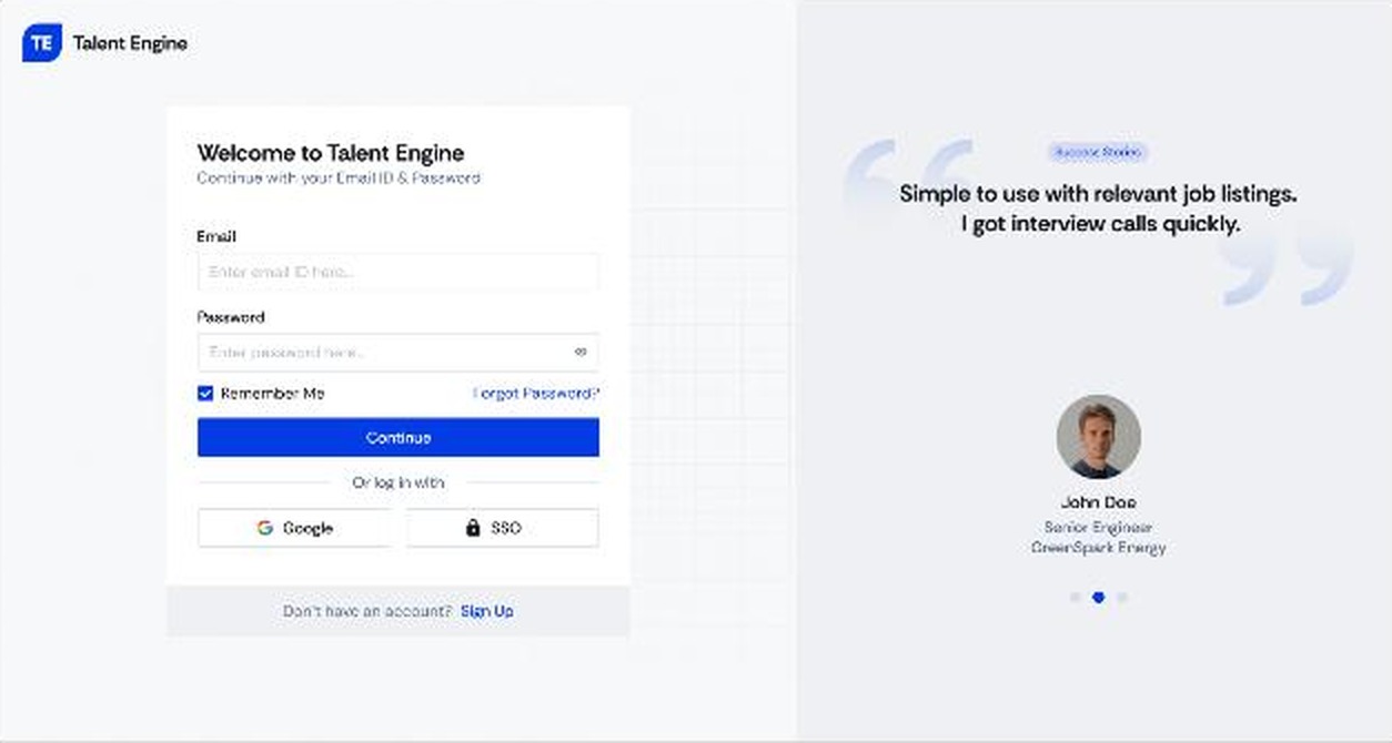 Redesigned sign-in with Google and SSO options and a success story