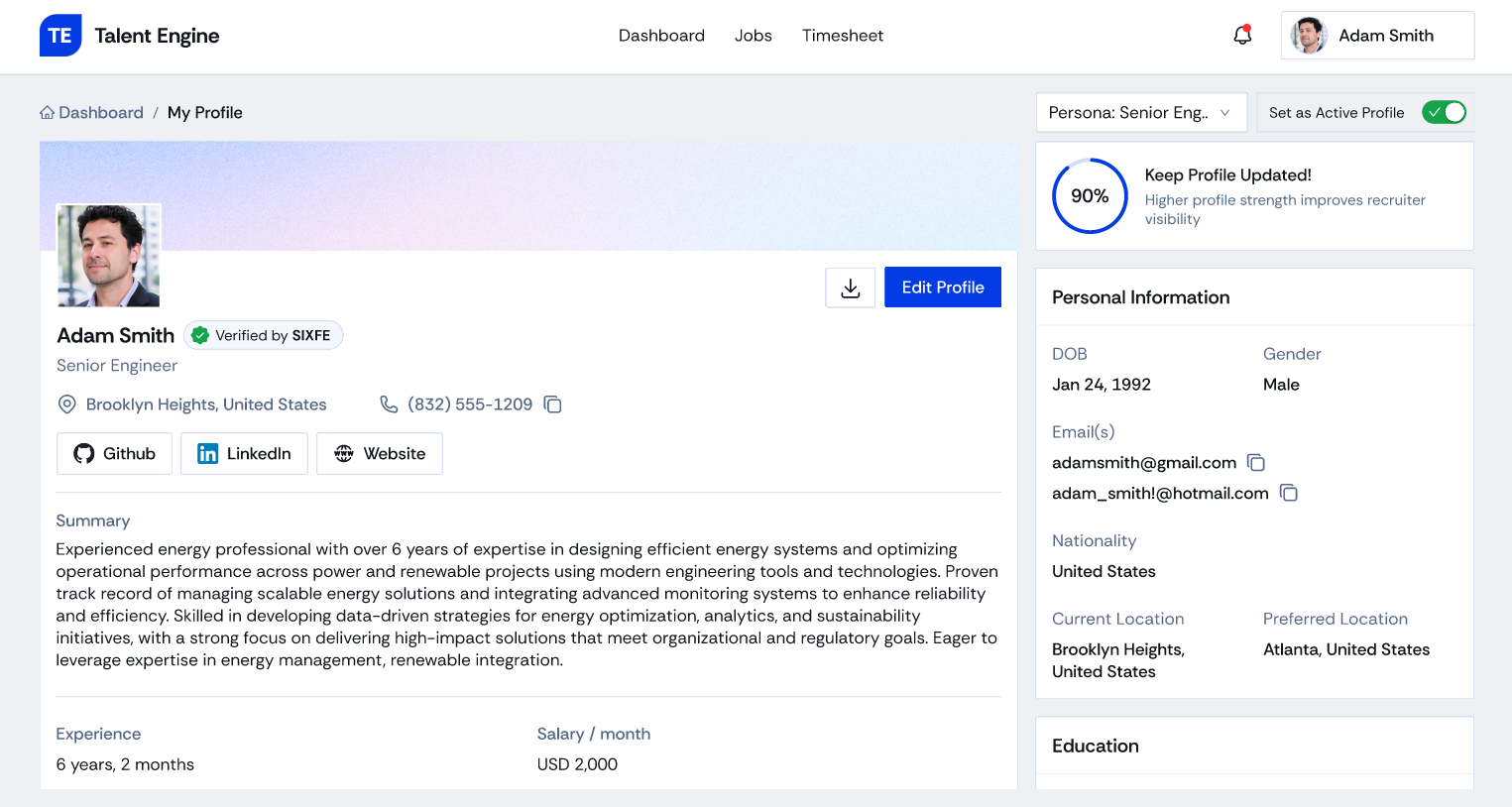 Redesigned profile with verified badge, profile strength and persona selector