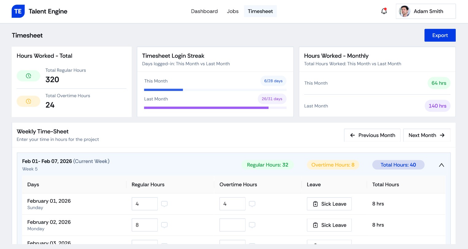 Timesheet: weekly entry and summaries